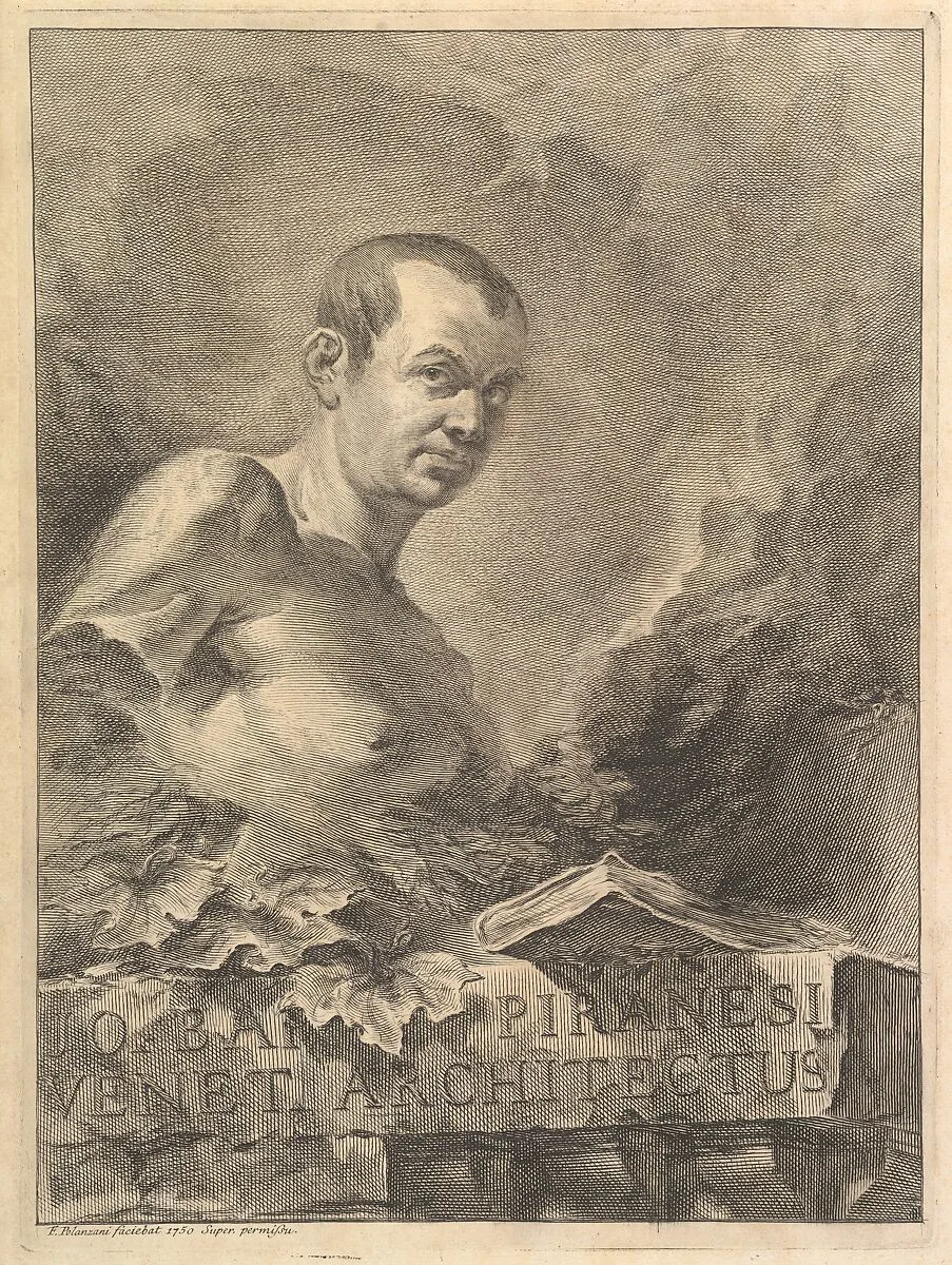 Portrait of G.B. Piranesi in imitation of an antique bust, from "Opere varie di Architettura, prospetive, grotteschi, antichità; inventate, ed incise da Giambattista Piranesi Architetto Veneziano" (Various Works of Architecture, perspectives, grotesques, and antiquities, designed and etched by Giambattista Piranesi, Venetian Architect) — Giovanni Battista Piranesi|Francesco Polanzani|Giovanni Bouchard