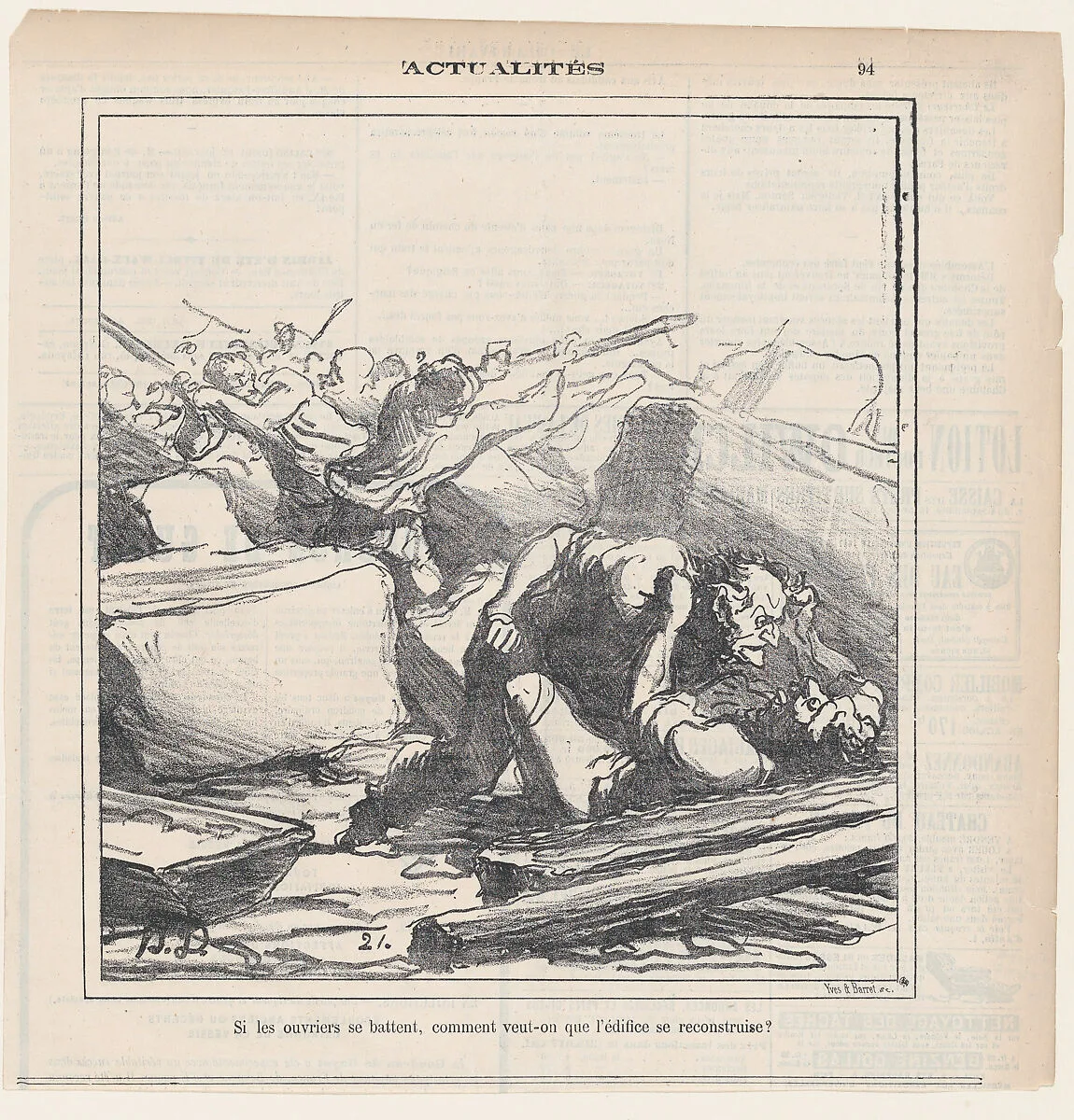 How can the building be restored, if the workers are fighting between each other!, from 'News of the day,' published in Le Charivari, May 17, 1872 — Honoré Daumier
