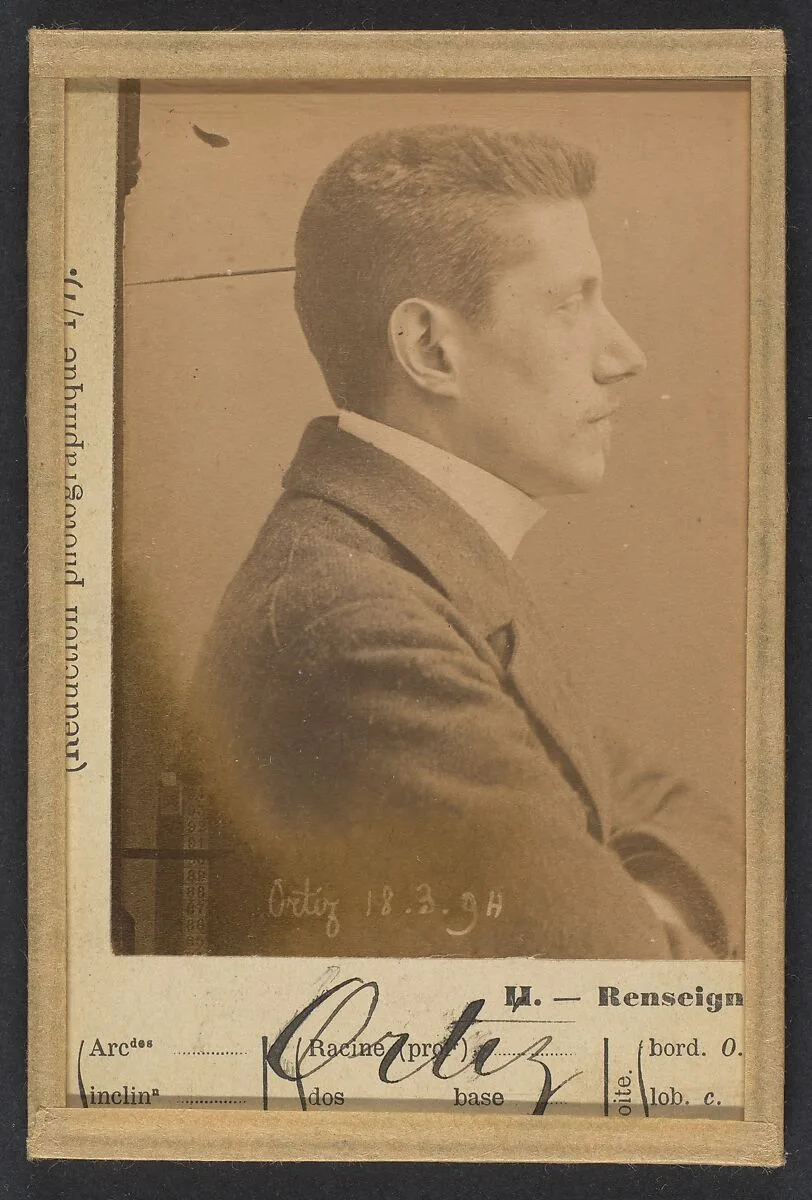 Ortiz. Léon. 25 ans, né à Paris. Commis d'architecte. Anarchiste. Voyage ordinairement en bicyclette. — Alphonse Bertillon