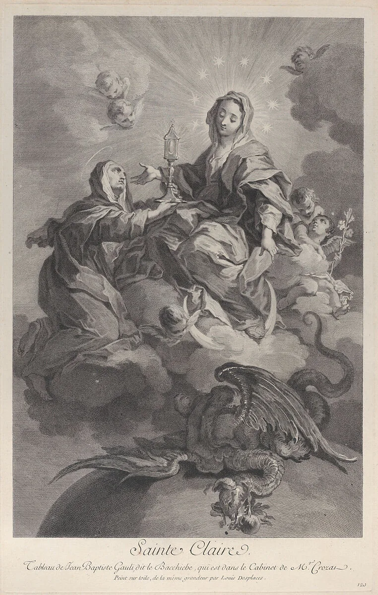 Saint Clare, seated in the clouds among angels, a dragon below — Giovanni Battista Gaulli (Il Baciccio)|Louis Desplaces