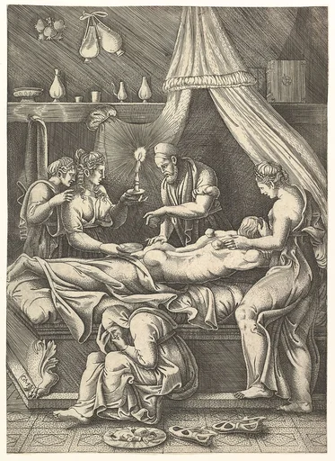 An allegory of sickness, man laying prostrate on a bed surrounded by figures