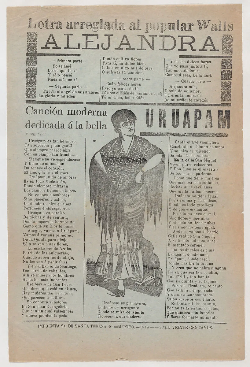 Broadsheet with two love ballads about desirable women, a woman wearing a shawl and a skirt with her hands placed on her hips — Antonio Vanegas Arroyo|José Guadalupe Posada