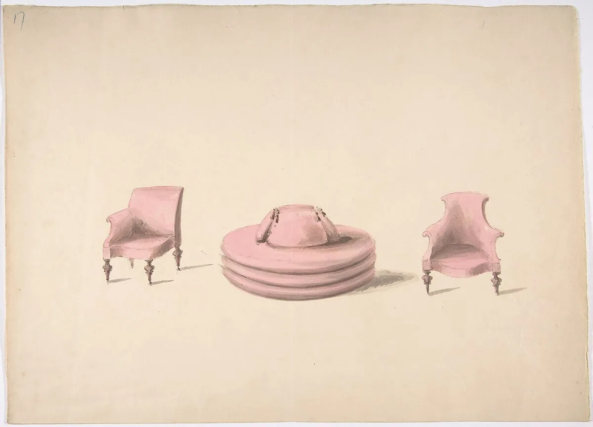 Design for a Round Pink Sofa and an Armchair and a One-armed Chair — Anonymous, British, 19th century