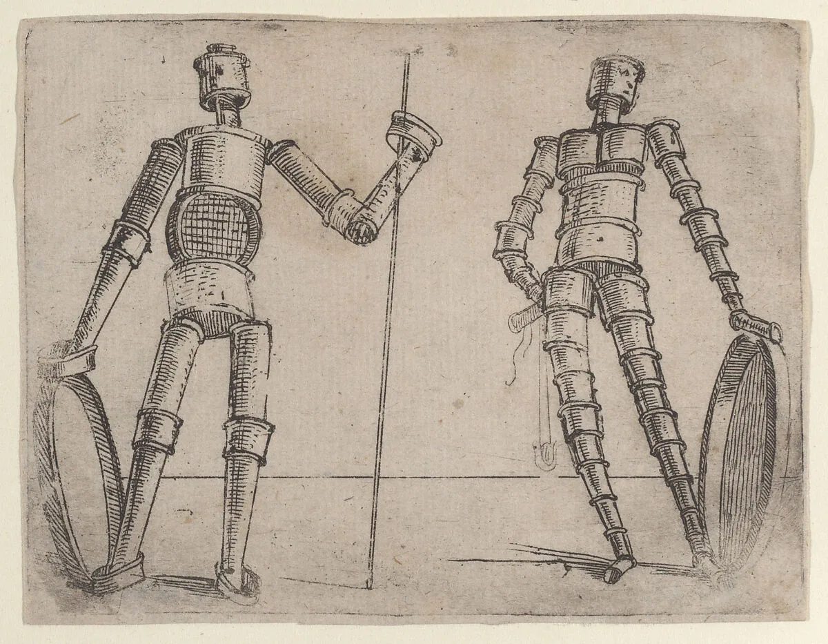 Plate 20: two figures composed of pipes and sieves from 'Bizzarie di varie figure' — Giovanni Battista Bracelli