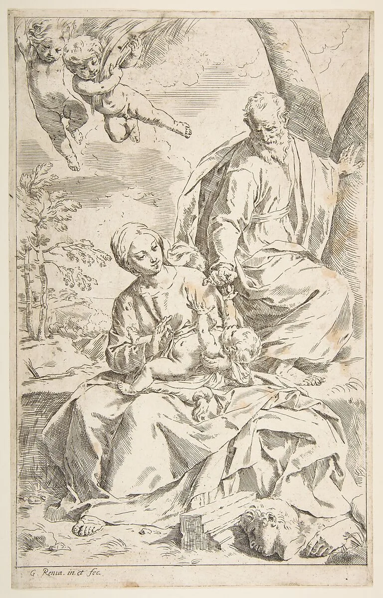 Rest on the flight into Egypt, Mary holding the infant Christ while St. Joseph hands him a fruit — Simone Cantarini
