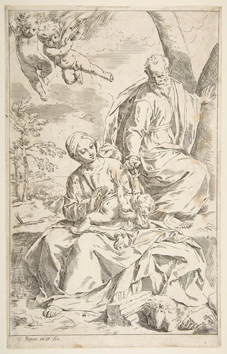 Rest on the flight into Egypt, Mary holding the infant Christ while St. Joseph hands him a fruit