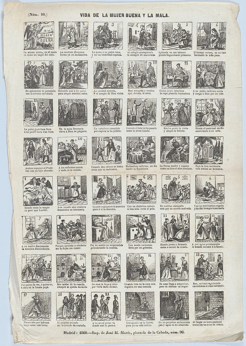 Broadside with 48 scenes relating to the life of a Good Woman (24 upper scenes) and the life of a Bad Woman (24 lower scenes) — José María Marés