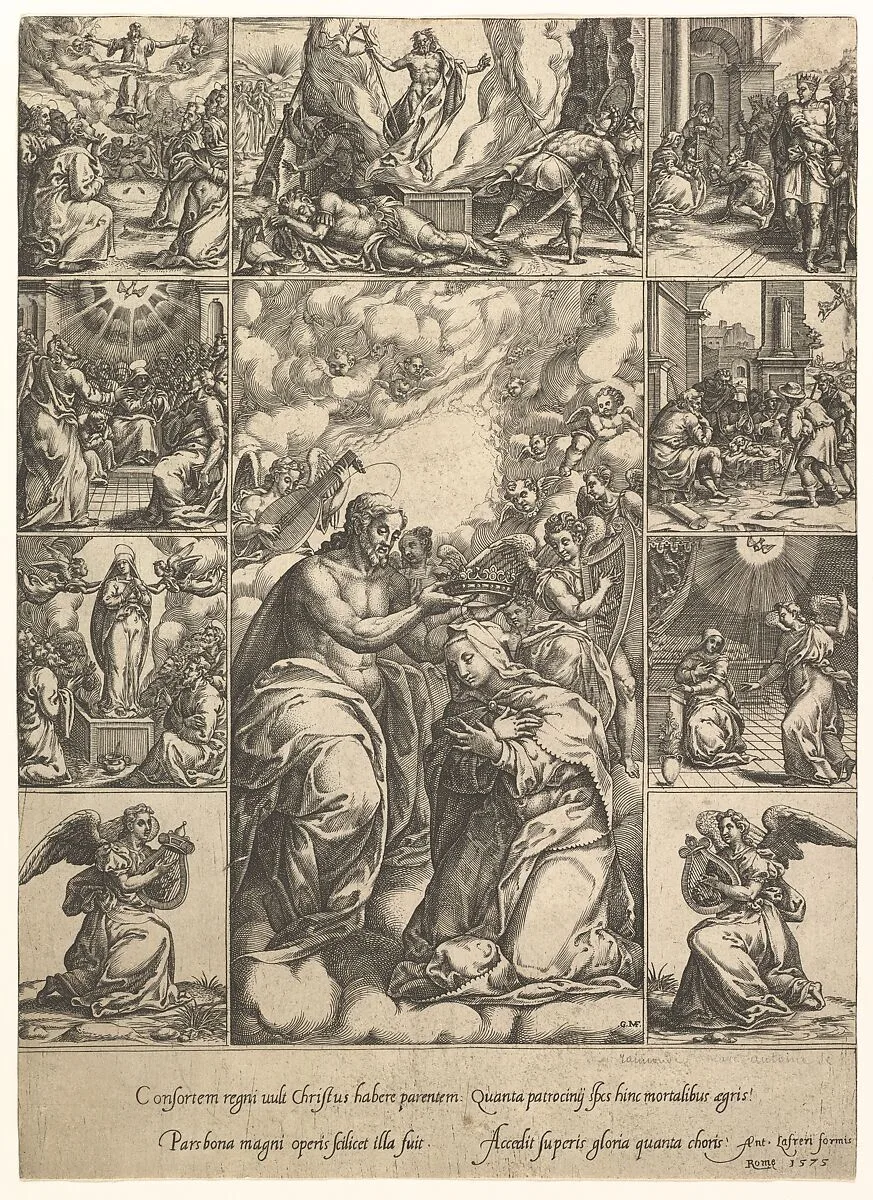The Coronation of the Virgin; surrounded by nine vignettes with scenes from the life of Christ and the Virgin — Giorgio Ghisi