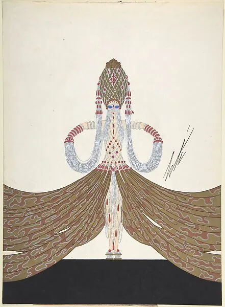 "La Richess" Costume Design with Ropes of White and Red Beads and a Large Gold Headdress for "L'Or," Ziegfield Follies — Erté (Romain de Tirtoff)