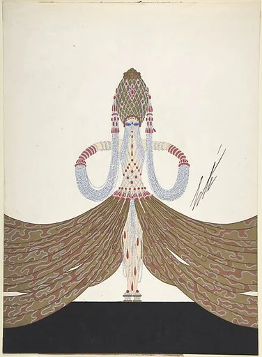"La Richess" Costume Design with Ropes of White and Red Beads and a Large Gold Headdress for "L'Or," Ziegfield Follies