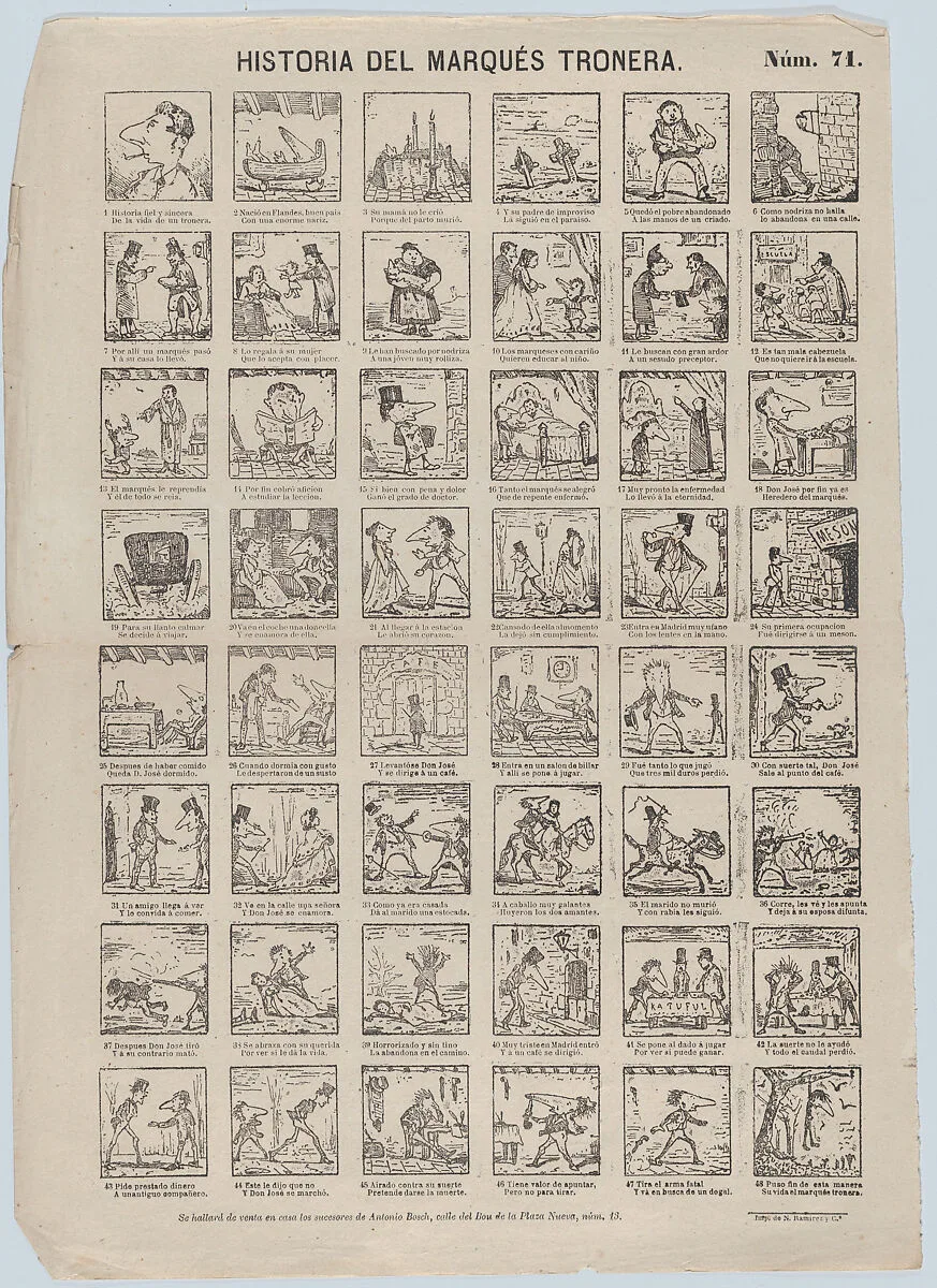 Broadside with 48 scenes relating to Marqués Tronera — Narciso Ramirez|Antonio Bosch
