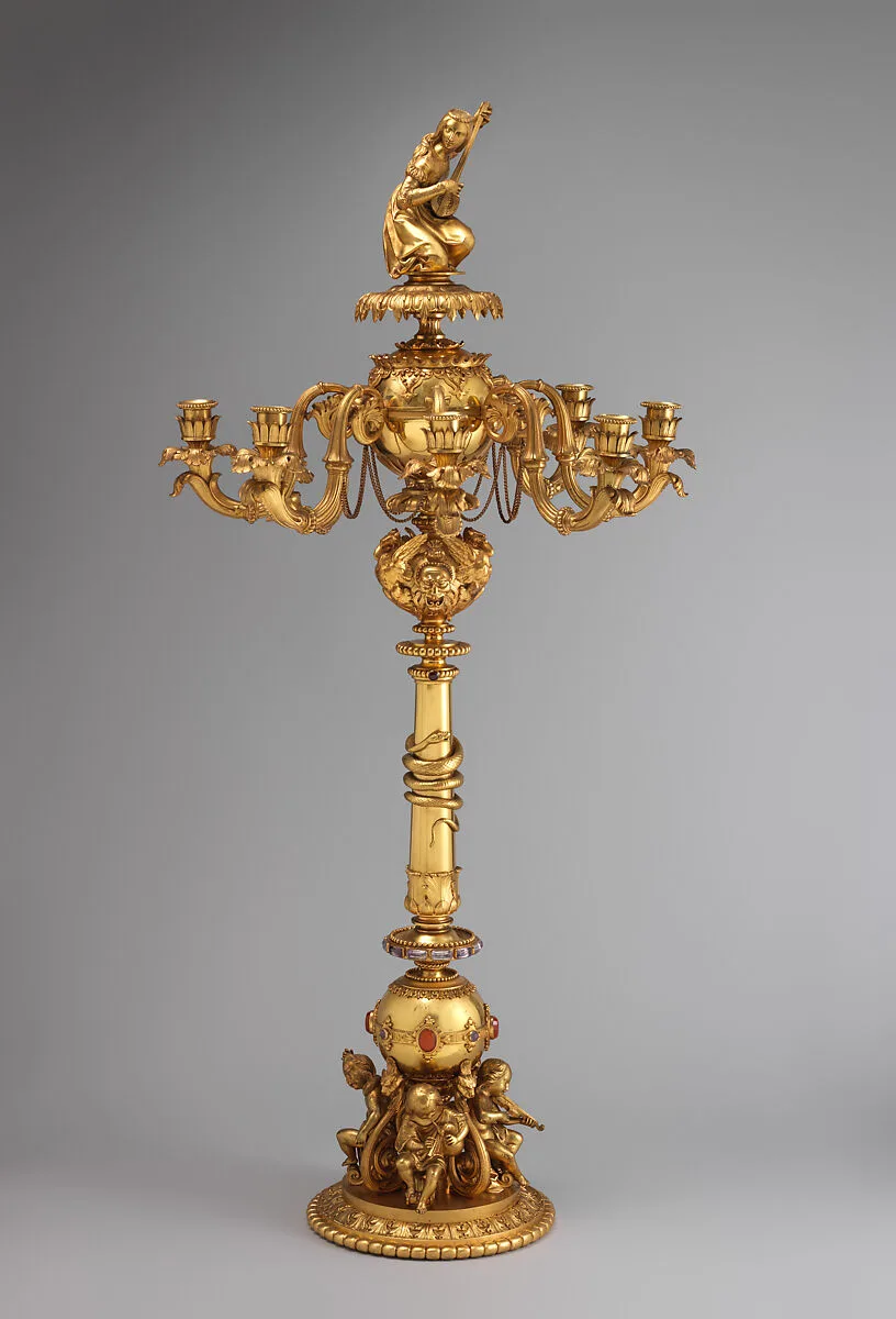 Candelabrum with woman playing guitar (one of a pair) — Guillaume Denière|Aimé Chenavard|M. Combettes|Jean-Jacques Feuchère