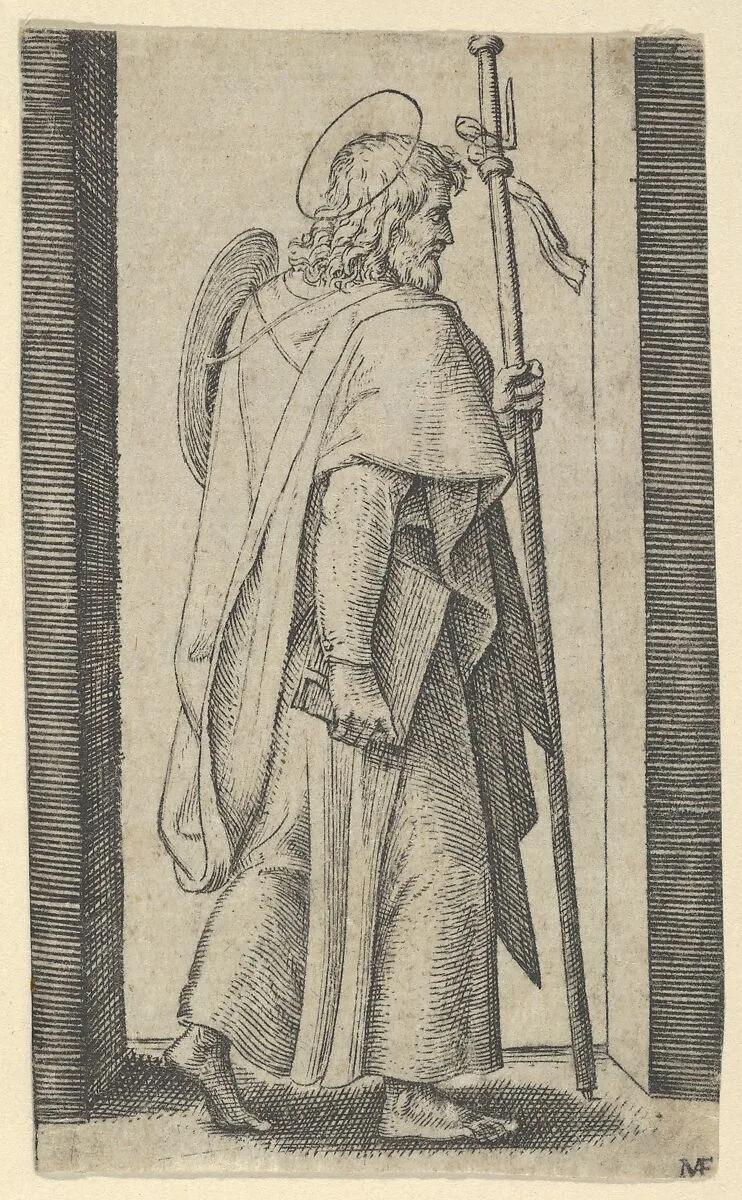 Saint James Major, book is his right hand, staff in his left facing right, from "Piccoli Santi" (Small Saints) — Marcantonio Raimondi|Raphael (Raffaello Sanzio or Santi)