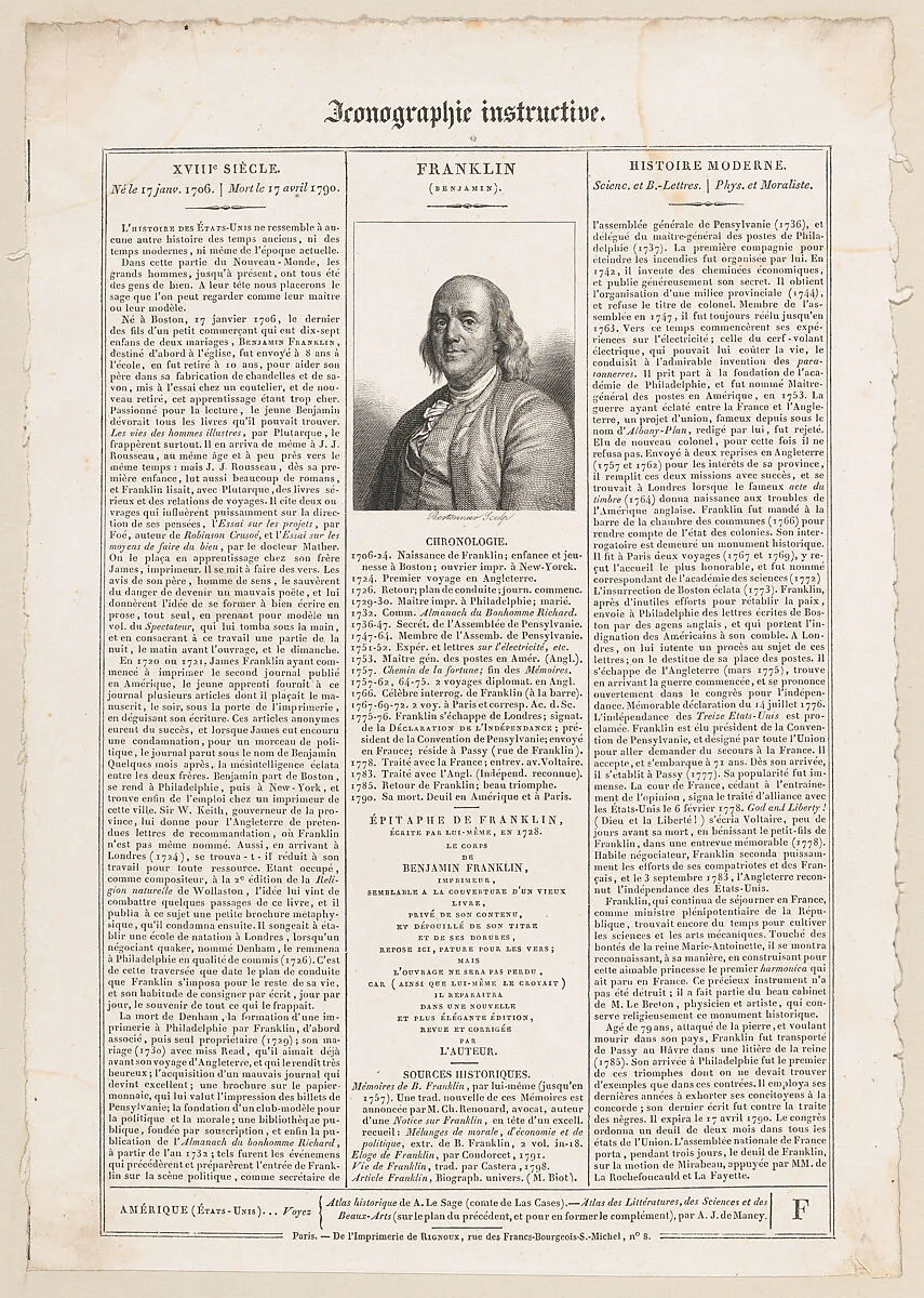 Sheet from "Iconographie Instructive" with portrait of Benjamin Franklin — Rignoux, Paris|Joseph Siffred Duplessis|Adrien Jarry de Mancy|Benjamin Franklin|Pierre François Bertonnier