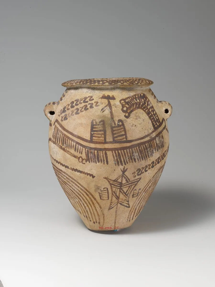 Decorated ware jar illustrating boats and trees — Unknown
