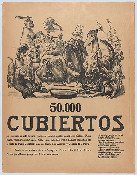 Poster entitled '50,000 covered' depicting dogs at a 'sumptous feast' — Taller de Gráfica Popular|José Chávez Morado