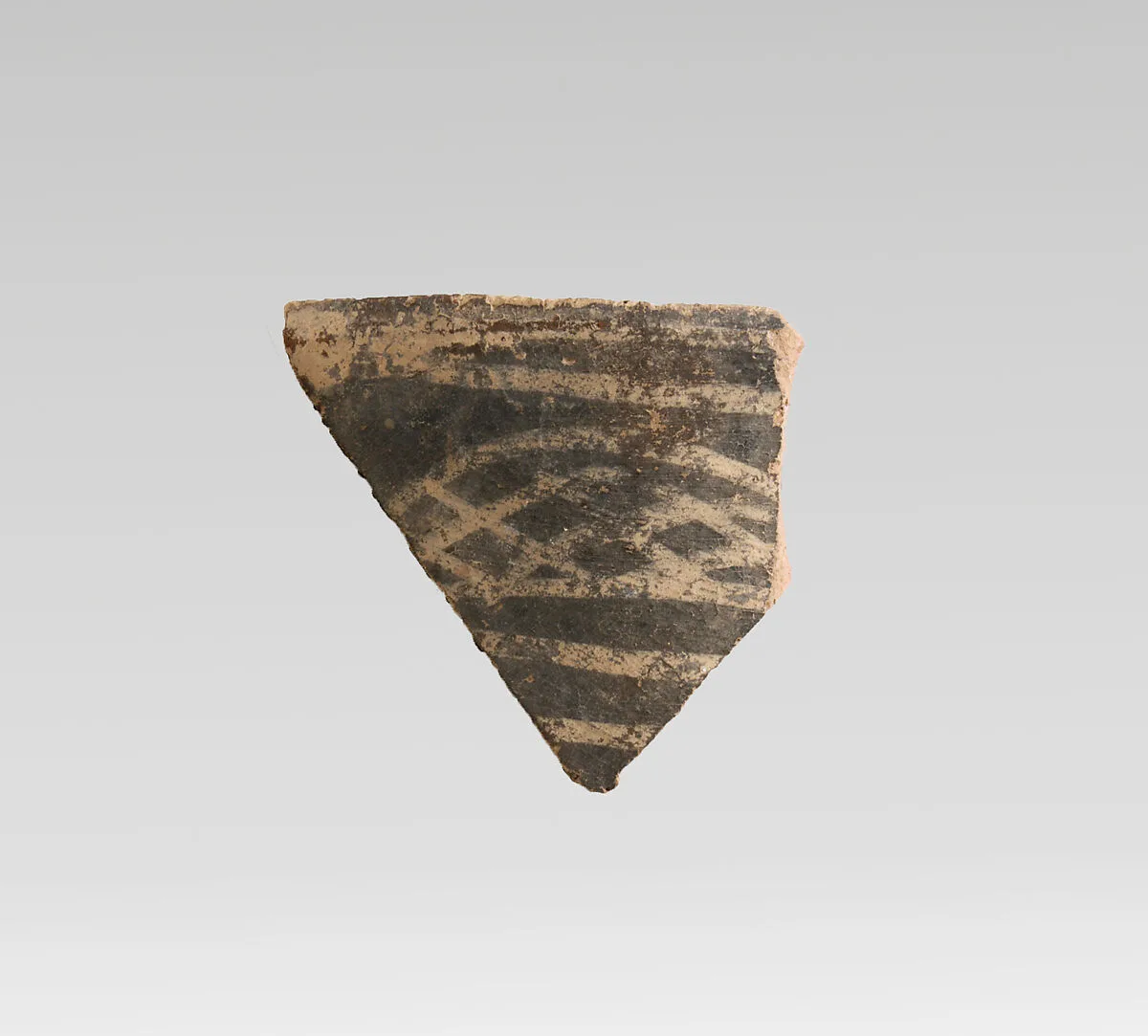 Terracotta rim fragment with cross-hatching and bands — Unknown