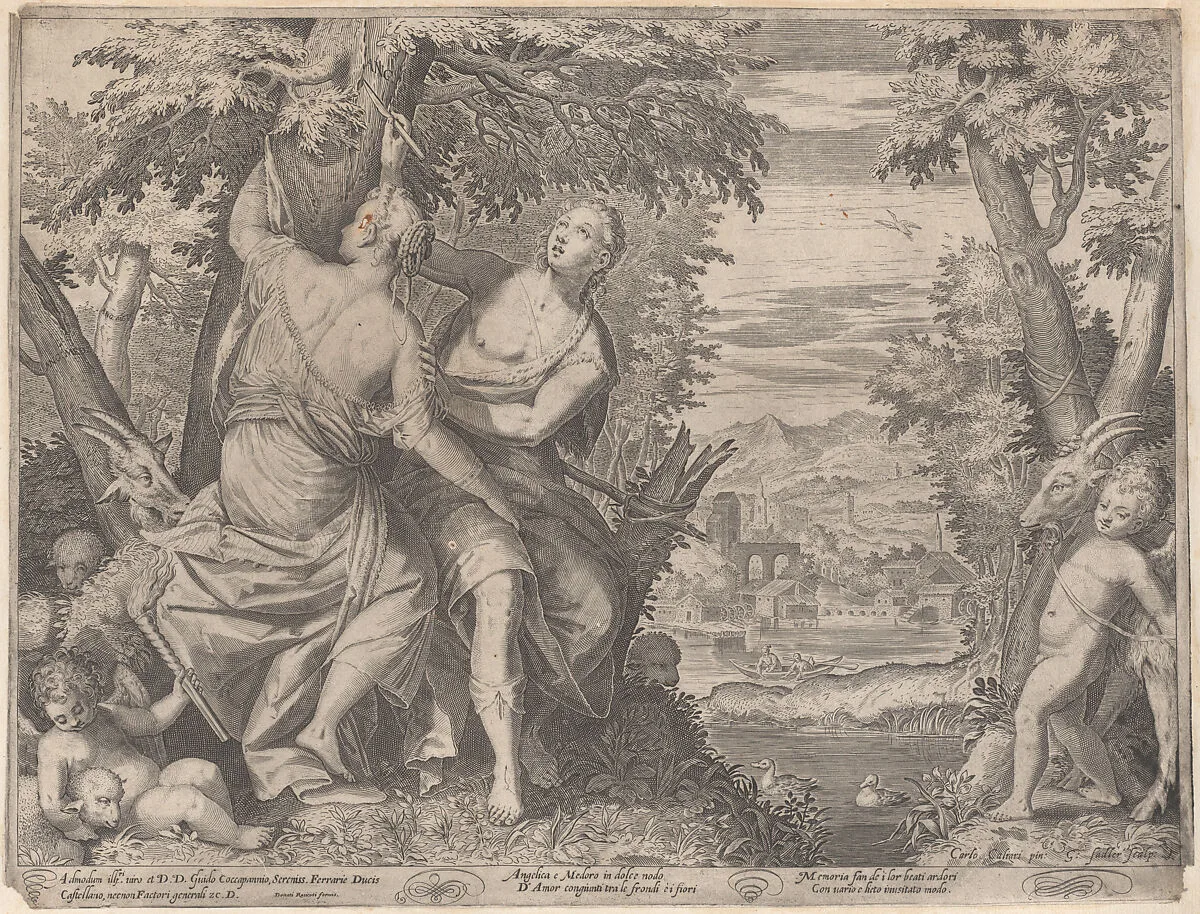 Angelica and Medoro; they stand next to a stream as Medoro carves their names into a tree, a putto is seated at left with a torch and another putto walks towards them with a goat — Donato Rasicotti|Aegidius Sadeler II|Carletto Caliari