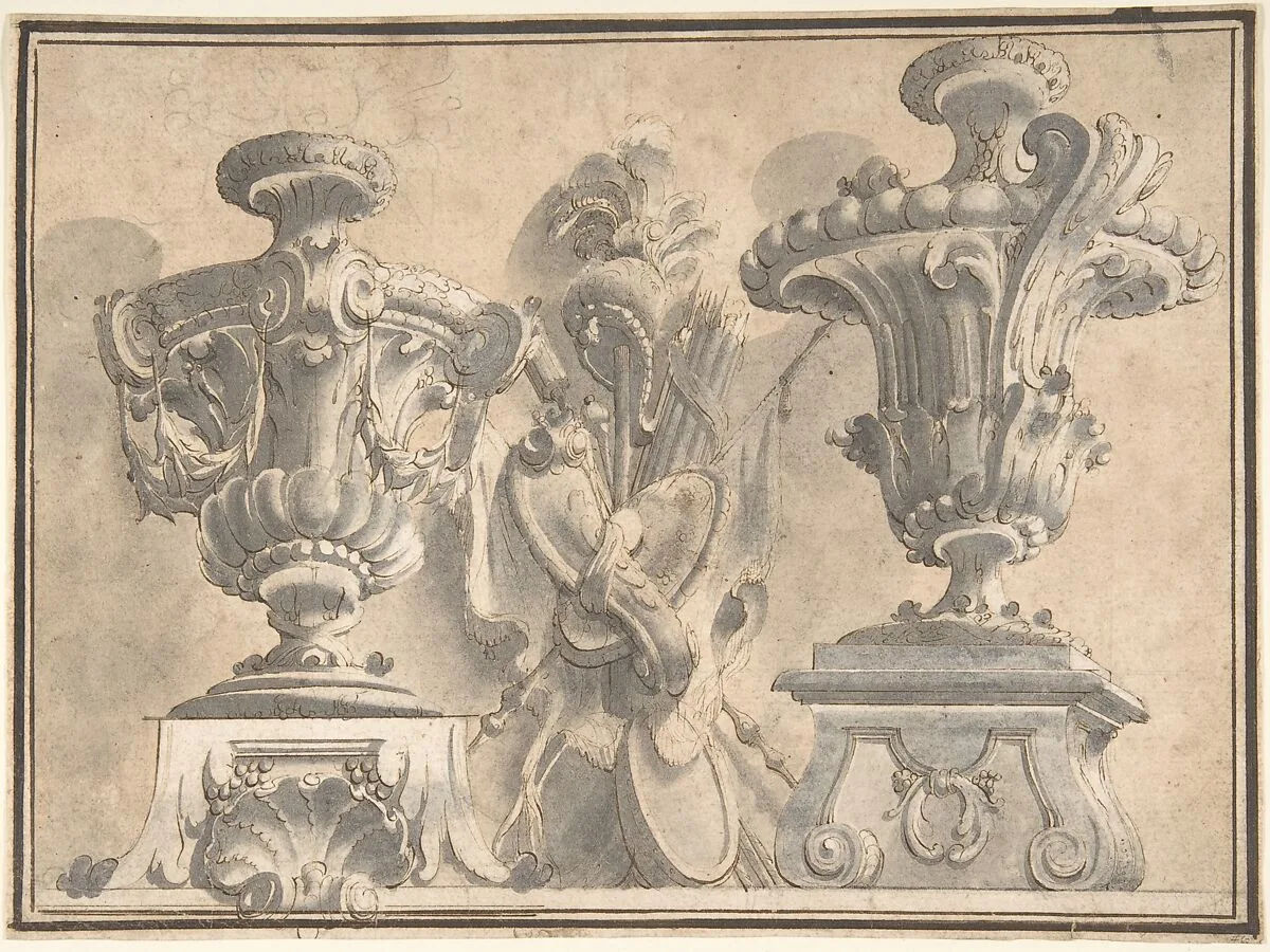 Ornamental Design with Two Urns and a Trophy — Anonymous, Italian, Piedmontese, 18th century