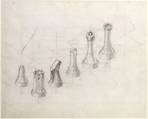 Perspective Study for Chess Pieces (recto); Lithograph Published in a 'Book of Divers Writings' (verso) — Man Ray