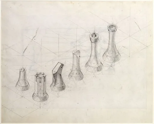 Perspective Study for Chess Pieces (recto); Lithograph Published in a 'Book of Divers Writings' (verso)