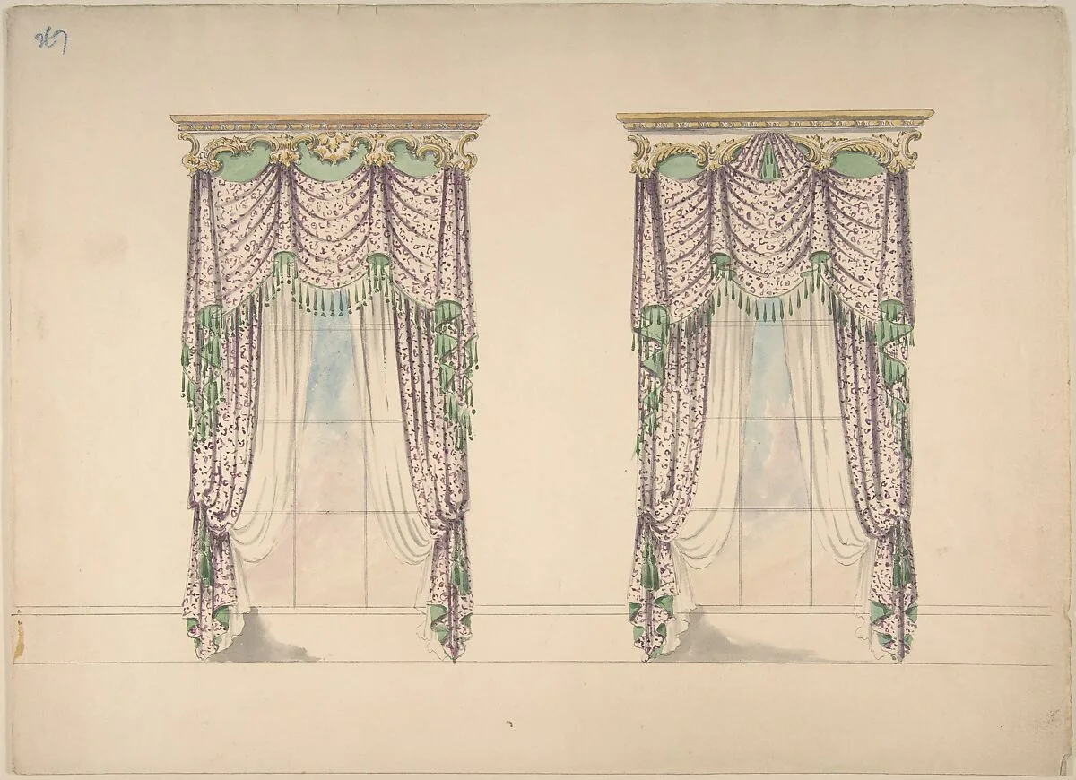 Design for Pink and White Curtains with Green Fringes, and Gold and White Pediments — Anonymous, British, 19th century