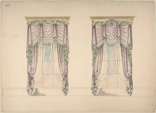 Design for Pink and White Curtains with Green Fringes, and Gold and White Pediments