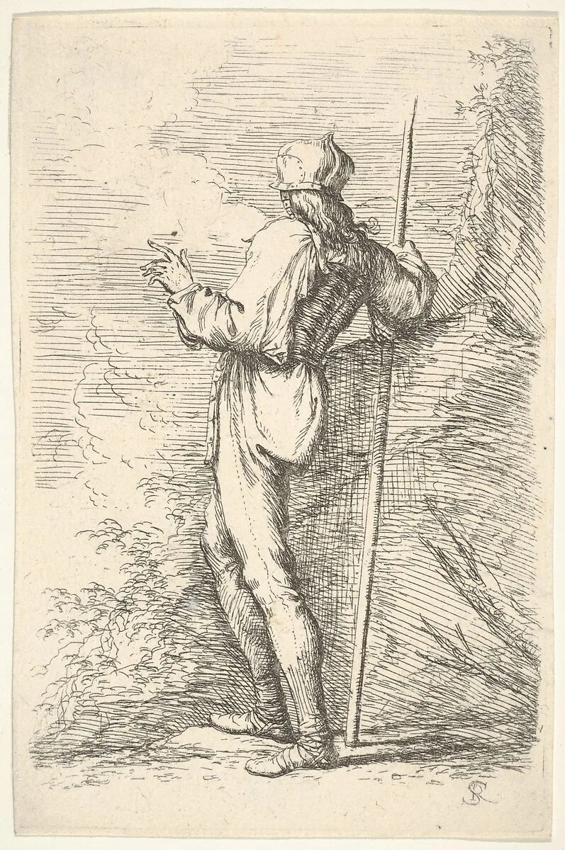 A warrior shown from behind holding a staff and leaning on a rock, from the series 'Figurine' — Salvator Rosa