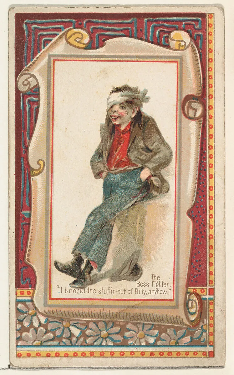 The Boss Fighter, "I knockt the stuffin' out of Billy, anyhow," from the Terrors of America set (N136) issued by Duke Sons & Co. to promote Honest Long Cut Tobacco — Knapp & Company|W. Duke, Sons & Co.