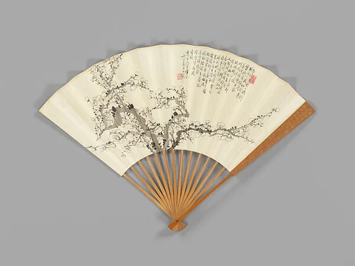 現代 沈石龍繪墨梅,邵岡書詩,金西厓刻扇骨,吳湖帆書詩 成扇|Carved fan with plum-blossom painting