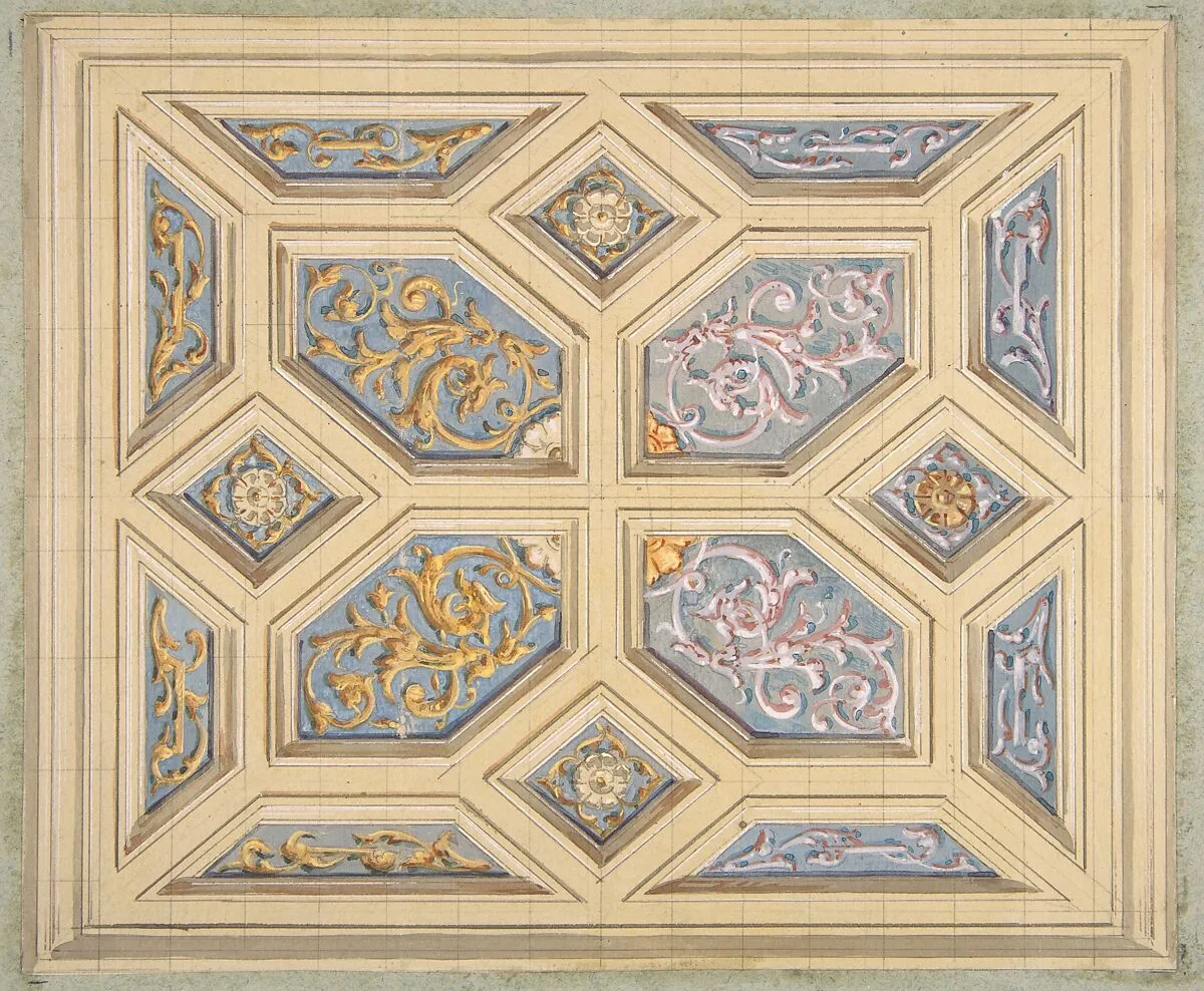 Design for a coffered ceiling decorated with rinceaux — Jules-Edmond-Charles Lachaise|Eugène-Pierre Gourdet