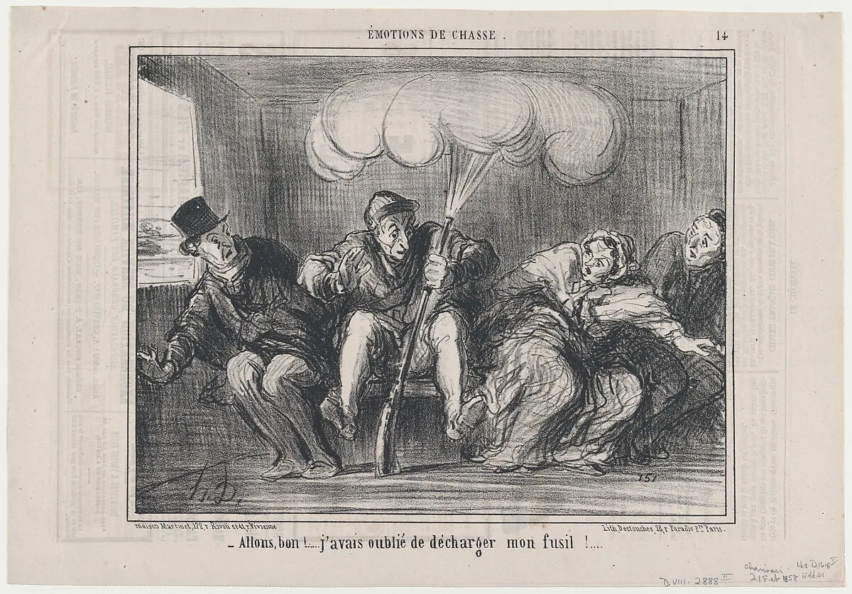 Allons bon!..... j'avais oublié de décharger mon fusil!...., from Émotions de Chasse, published in Le Charivari, February 21, 1858 — Aaron Martinet|Honoré Daumier|Destouches