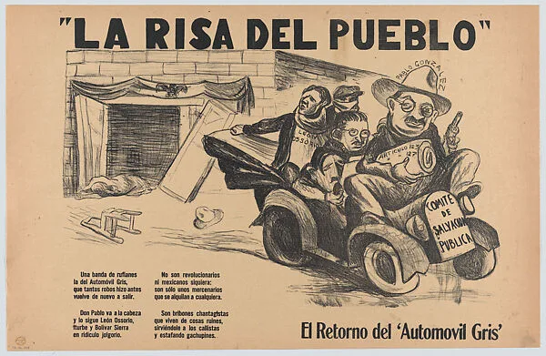Poster entitled 'The joke of the nation: the return of the grey automobile' showing named figures representing swindlers speeding away in a car — Alfredo Zalce|Taller de Gráfica Popular|Pablo Esteban O'Higgins