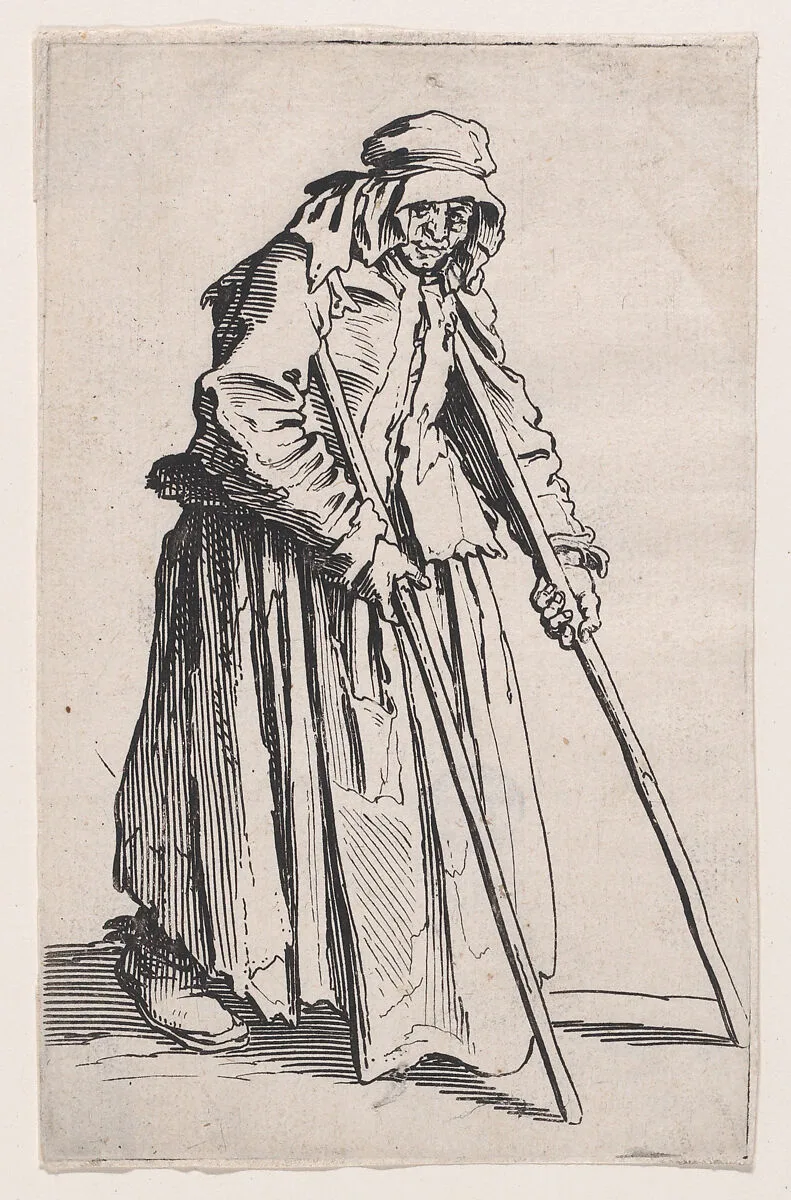 La Mendiante aux Béquilles (The Female Beggar with Crutches), from Les Gueux suite appelée aussi Les Mendiants, Les Baroni, ou Les Barons (The Beggars, also called the Barons) — Jacques Callot