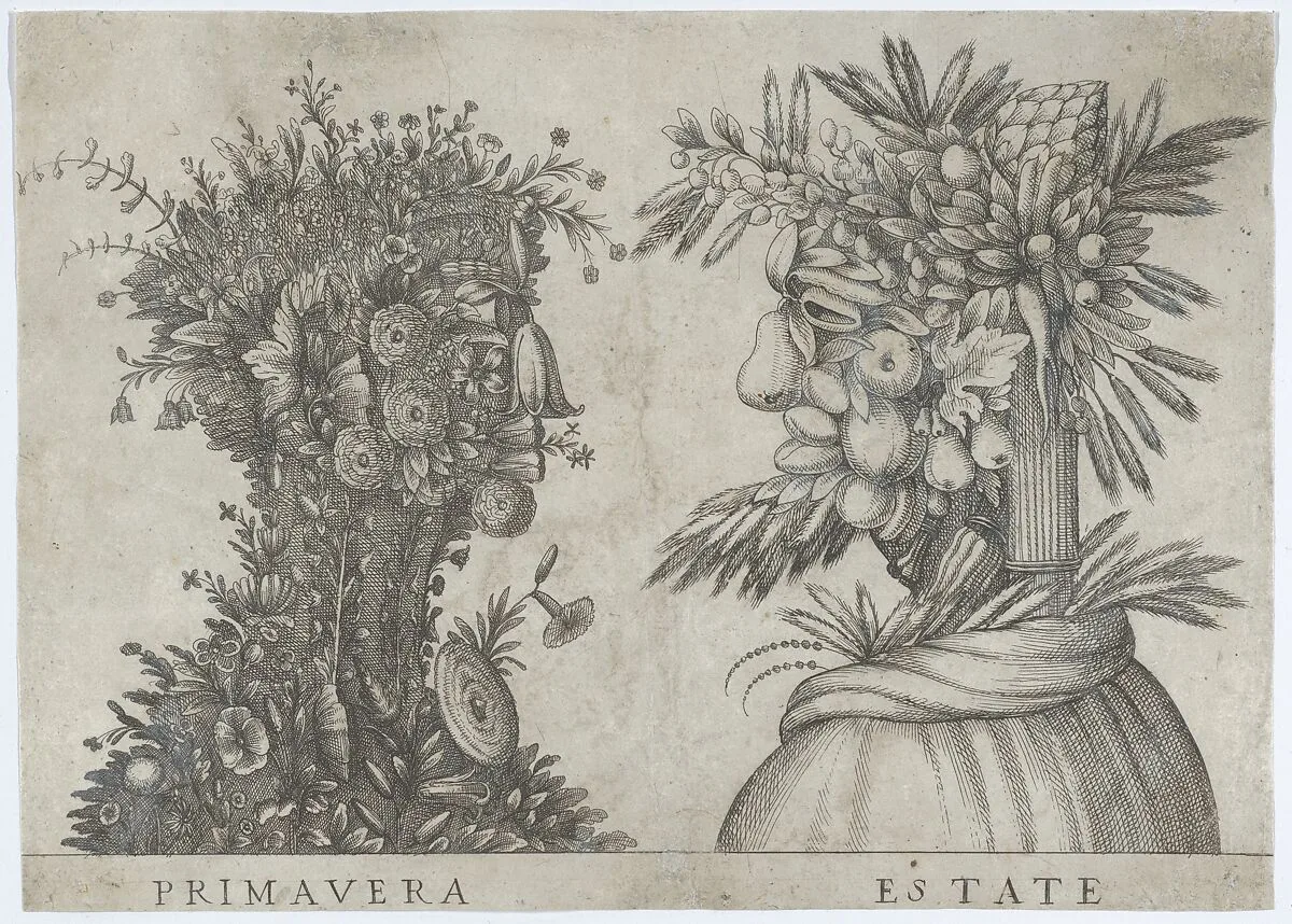 Spring and Summer: two heads made from flora typical of those seasons — Giuseppe Arcimboldo|Anonymous, Italian, 16th to early 17th century