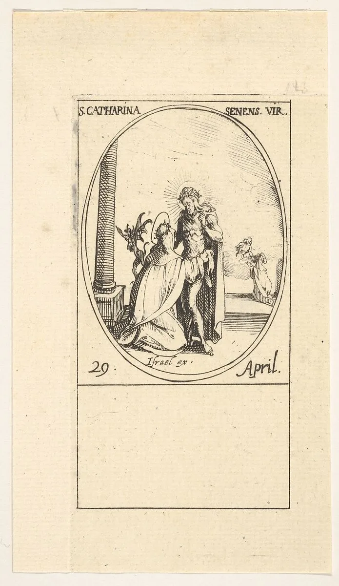 Vision of Saint Catherine, an oval composition, from the series 'Les images de tous les saints et saintes de l'année' (Images of all the saints of the year) — Jacques Callot|Israël Henriet