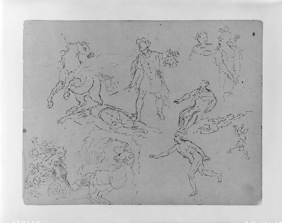 Figure Sketches, Including Pegasus and Perseus with Head of Medusa; (Rape of Persephoney?) (from Sketchbook) — Thomas Sully