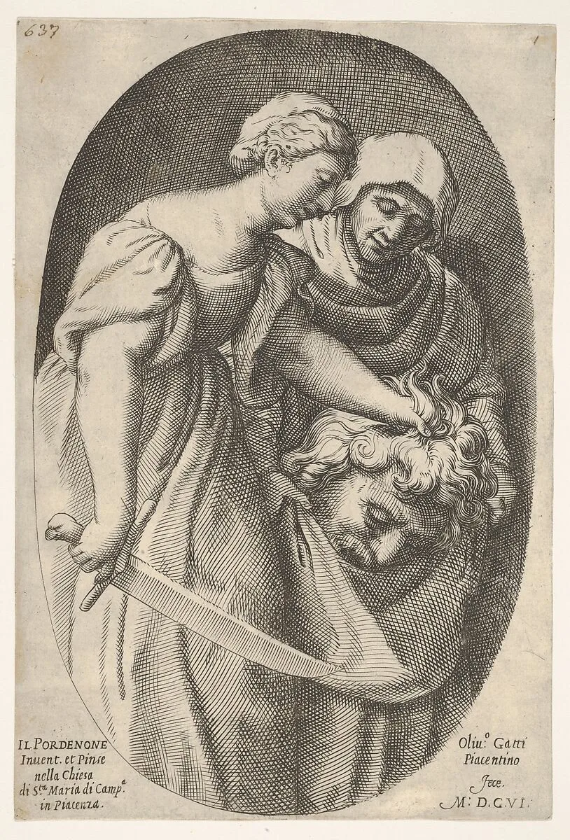 Judith with the head of Holofernes in her left hand and a sword in her right hand, accompanied by a female attendant, from a series of four Old Testament subjects — Oliviero Gatti|Giovanni Antonio da Pordenone (Giovanni Antonio de Sacchis)