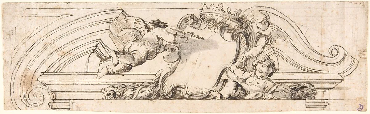 Design for a Pediment with Putti and a Blank Escutcheon — Anonymous, Italian, Piedmontese, 18th century