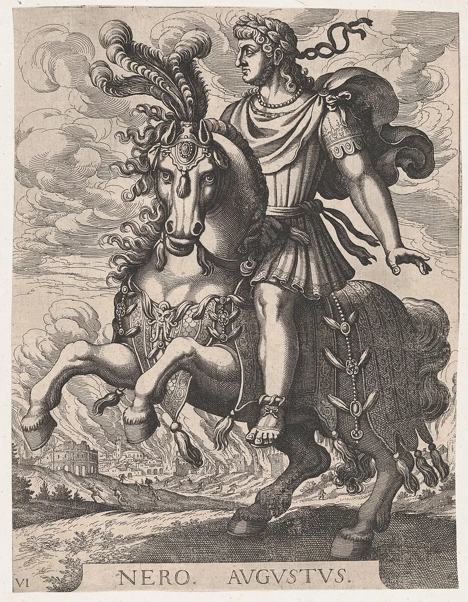 Plate 6: Emperor Nero on Horseback, from 'The First Twelve Roman Caesars', after Tempesta — Antonio Tempesta|Matthäus Merian the Elder