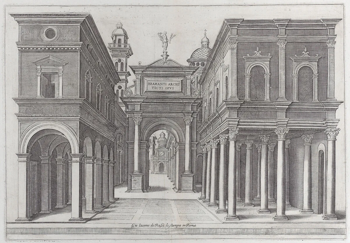 A street with buildings, colonnades and an arch — Donato d'Agnolo Bramante|Giovanni Giacomo De Rossi