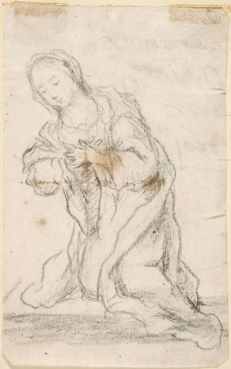 Kneeling Virgin (Virgin Annunciate) (recto); Writing (verso) — Anonymous, Spanish, School of Seville, 17th century