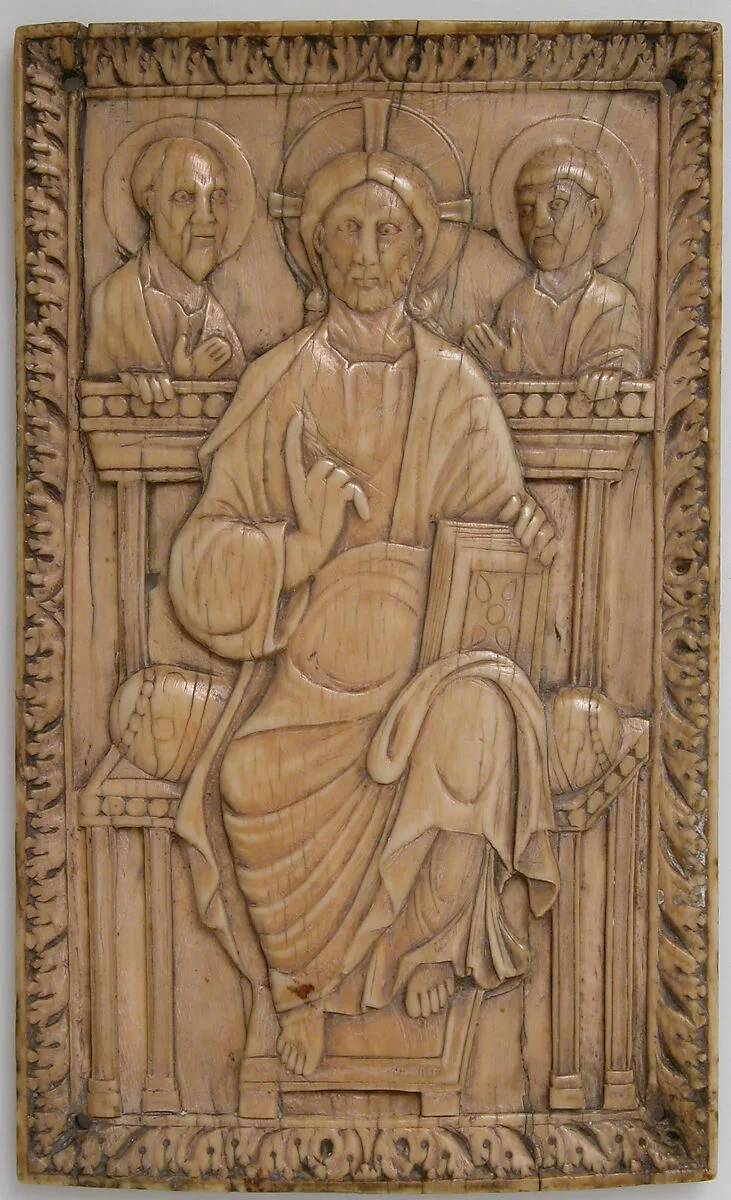 Plaque with Christ enthroned with two Apostles — Unknown