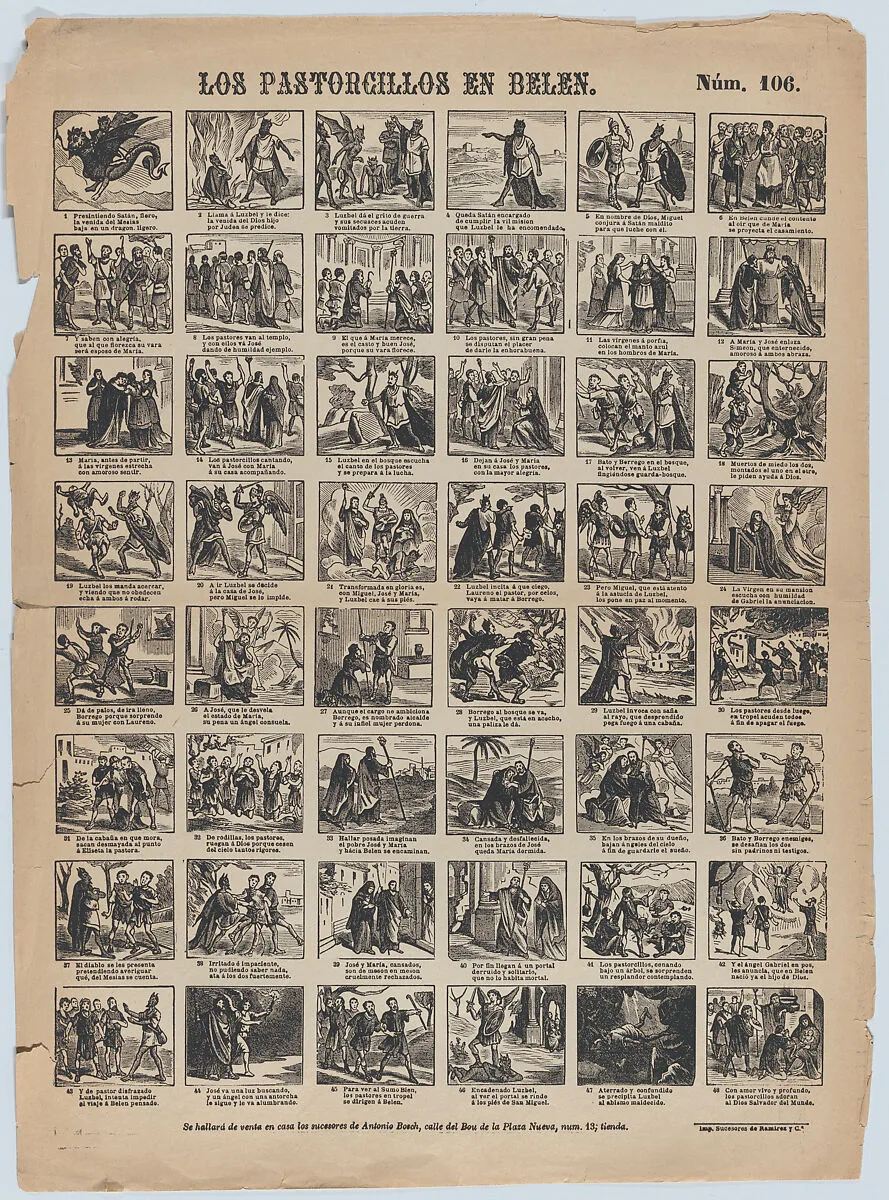 Broadside with 48 scenes relating to the nativity of Christ — Antonio Bosch|Narciso Ramirez