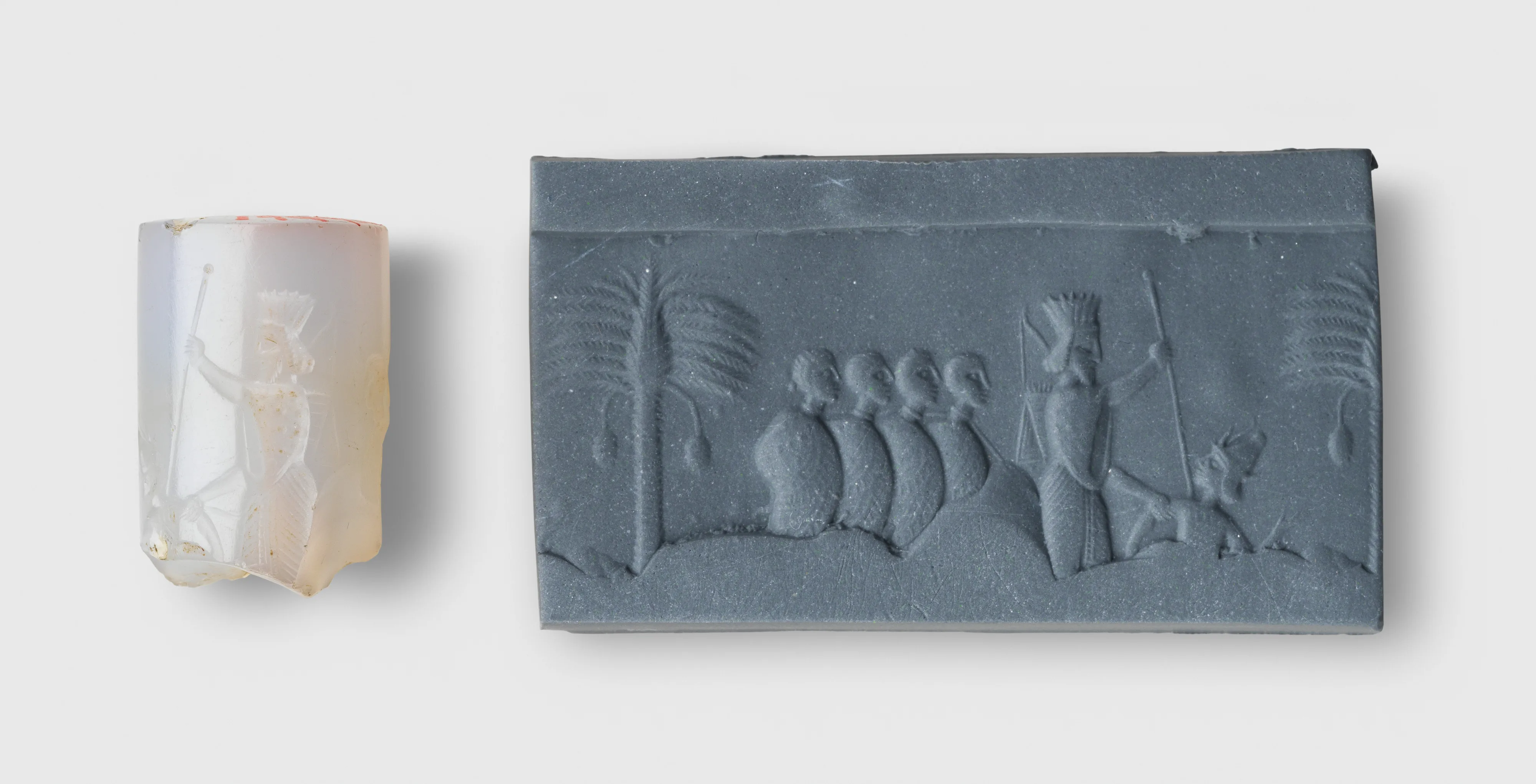 Cylinder seal and modern impression: battle scene with king, soldiers, enemy — Unknown
