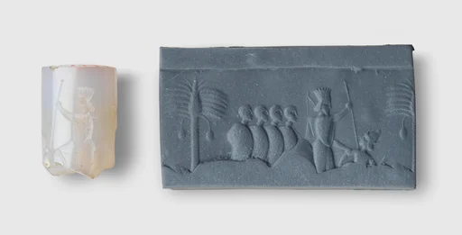 Cylinder seal and modern impression: battle scene with king, soldiers, enemy