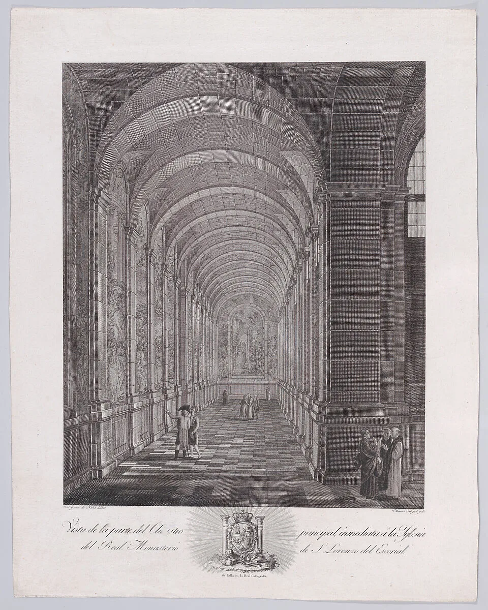 View of the cloister of the Church of the monastery of El Escorial, from a series of Views of El Escorial — Manuel Alegre|José Gómez Navia|Calcografía Real, Madrid