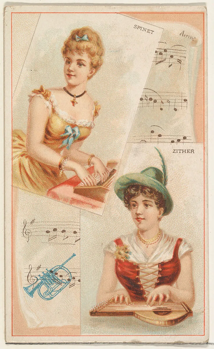 Spinet and Zither, from the Musical Instruments series (N121) issued by Duke Sons & Co. to promote Honest Long Cut Tobacco — W. Duke, Sons & Co.|Schumacher & Ettlinger