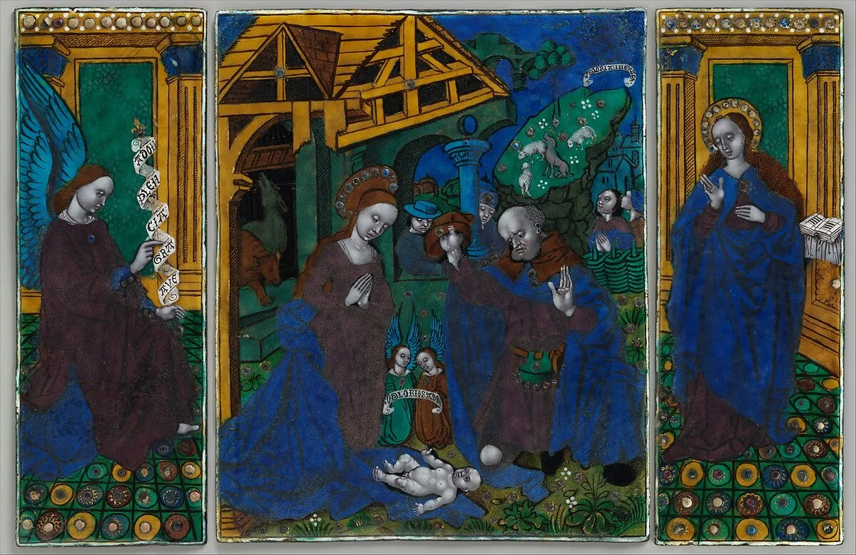 Three plaques from a triptych with the Adoration of the Shepherds, Flanked by the Angel Gabriel and the Virgin Annunciate — Master of the Triptych of Louis XII