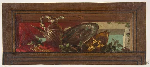 Trompe l'oeil design of ewer and clarinet